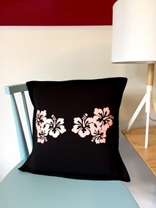 Pink Hibiscus Cushion - Black